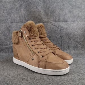 Guess Shoes Womens 9 Fashion Sneakers Hidden Wedge Lace Up Brown Faux Fur Casual